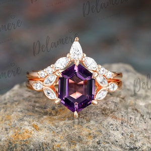 Hexagon Cut Natural Amethyst Engagement Rings Moissanite Solid Rose Gold Cluster Wedding Ring Bridal Ring Anniversary Gift Art Deco Ring Set