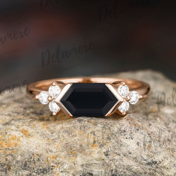 Natural Black Onyx Gold Engagement Ring Moissanite Cluster 925 Sterling Silver Promise Rings For Women Anniversary Ring Black Gemstone Ring
