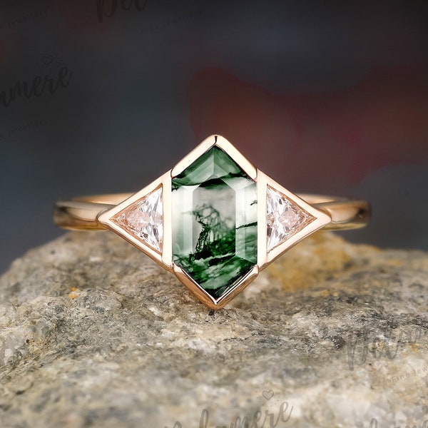 Hexagon Moss Agate Solid Gold Engagement Ring Vintage Silver Ring Art Deco Moissanite Three Stone Rings For Women Unique Anniversary Ring