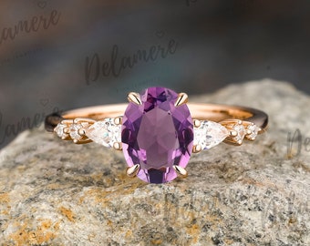 Oval Cut Natural Amethyst Engagement Ring Solid 14K Rose Gold Wedding Ring Moissanite Ring Art deco Promise Anniversary Rings For Women