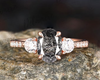Oval Shape Natural Herkimer Engagement Ring Solid Gold Unique Salt Pepper Ring Bridal Ring Art Deco Anniversary Gift Moissanite Cluster Ring