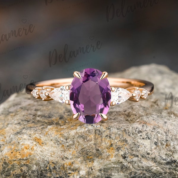Oval Cut Natural Amethyst Engagement Ring Solid 14K Rose Gold Wedding Ring Moissanite Ring Art deco Promise Anniversary Rings For Women