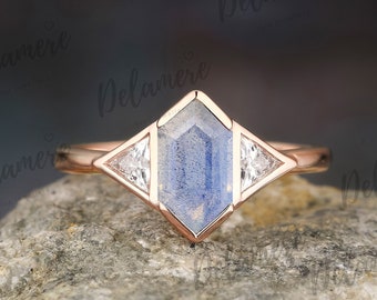 Labradorite Ring Gold Silver Hexagon Cut Blue Labradorite