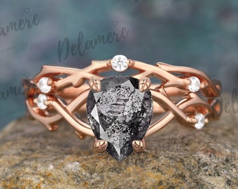 Anillo de compromiso de diamantes Herkimer natural con corte de pera, conjunto de alianzas de moissanita en racimo, anillo de giro único, conjuntos nupciales de oro sólido, anillo hecho a mano