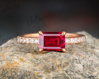 Red Gemstone Rose Gold Ring Emerald Cut Red Ruby Engagement Ring Moissanite Cluster Ring Anniversary Ring Promise Ring Wedding Gifts