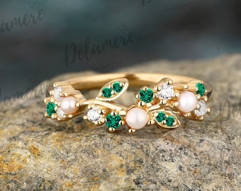 Green Emerald Wedding Band Natural Pearl Matching Band Vintage Natural Inspired Leaf Ring Moissanite Bridal Ring Anniversary Gifts