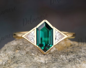 Hexagon Cut Lab Green Emerald Engagement Ring 14K Solid Yellow Gold Promise Ring Gemstone Ring Anniversary Gifts For Her Moissanite Ring