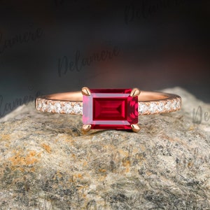 Red Gemstone Rose Gold Ring Emerald Cut Red Ruby Engagement Ring Moissanite Cluster Ring Anniversary Ring Promise Ring Wedding Gifts