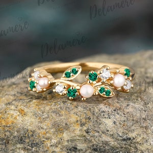 Groene smaragd trouwring natuurlijke parel bijpassende band vintage natuurlijke geïnspireerde bladring Moissanite bruidsring verjaardagscadeaus