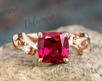 Cushion Cut Red Ruby Engagement Ring 14K Solid Rose Gold Anniversary Ring for Women Twig Branch Ring Nature Inspired Leaf and Vine Ring