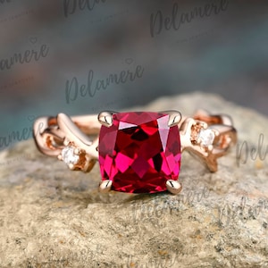 Cushion Cut Red Ruby Engagement Ring 14K Solid Rose Gold Anniversary Ring for Women Twig Branch Ring Nature Inspired Leaf and Vine Ring