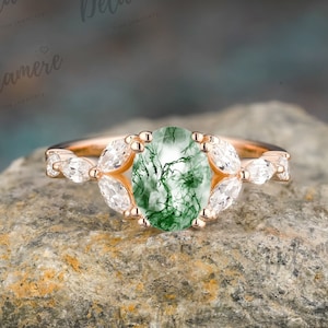 Solid 14K Gold Oval Cut Moss Agate Engagement Ring Unique Vintage Marquise Cut Moissanite Cluster Ring Promise Bridal Ring Anniversary Ring