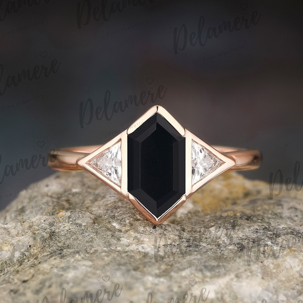 Hexagon Cut Natural Black Onyx Engagement Ring Solid 14K Rose Gold Promise Ring Vintage Ring Art Deco Ring Gifts For Women Moissanite Ring