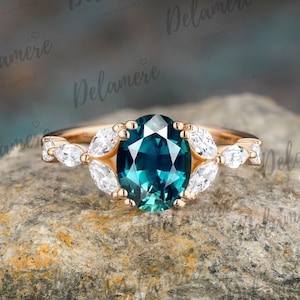 Oval Cut Teal Sapphire Engagement Ring Unique Moissanite Cluster Ring Anniversary Gifts Yellow Gold Ring For Women Vintage Promise Ring