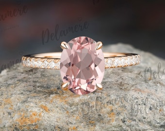 Ovale vorm Morganite verlovingsring massief gouden ring roze edelsteen ring Moissanite eeuwigheid cluster ring verjaardag geschenken handgemaakte ring