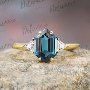 Natural London Blue Topaz Engagement Ring Solid Yellow Gold Bridal Ring Three Stone Ring Moissanite Cluster Ring Blue Gemstone Ring For Her