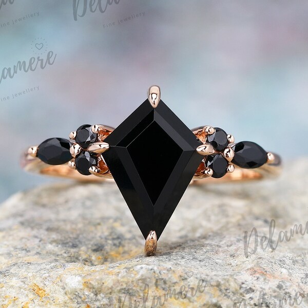 Vintage Kite Black Onyx Personalised Ring Solid Rose Gold Engagement Rings for Women Unique Black Sapphire Wedding Anniversary Band Gift