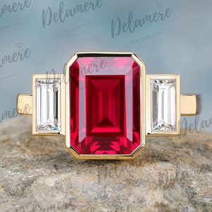 Vintage red ruby bridal ring Emerald cut red gemstone engagement ring Moissanite solid gold ring Promise ring Art Deco ring Handmade ring