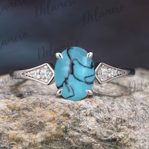 Oval shape engagement ring Unique natural turquoise ring Delicate women&#39;s ring Gorgeous ring Anniversary gifts Moissanite cluster ring