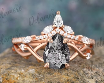 Pear Cut Natural Herkimer Diamond Engagement Ring Sets Moissanite Cluster Solid Gold Bridal Sets Twist Ring Unique Salt Pepper Diamond Ring