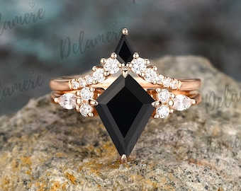 Kite Cut black onyx engagement ring set vintage unique promise ring cluster gemstone rose gold engagement ring Bridal Sets Anniversary Gifts