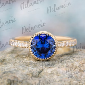 Round Cut Blue Sapphire Engagement Ring Vintage 14k Solid Gold Rings For Women Promise Ring Delicate Unique Gemstone Ring Anniversary Gift