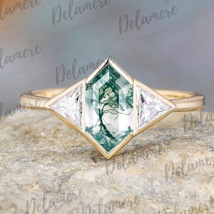 Hexagon Moss Agate Solid Gold Engagement Ring Vintage Silver Ring Art Deco Moissanite Three Stone Rings For Women Unique Anniversary Ring