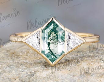 Hexagon Moss Agate Solid Gold Engagement Ring Vintage Silver Ring Art Deco Moissanite Three Stone Rings For Women Unique Anniversary Ring