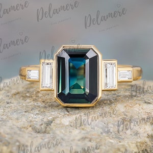 Teal Sapphire Engagement Ring Moissanite Cluster Ring Emerald Shape Solid Yellow Gold Bridal Ring Anniversary Gifts Handmade Ring For Women