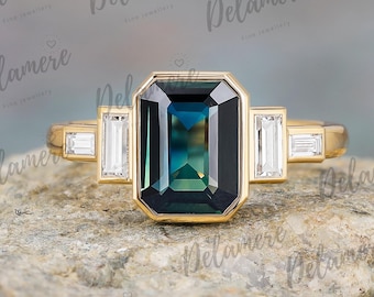 Teal Sapphire Engagement Ring Moissanite Cluster Ring Emerald