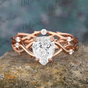 1.5CT Pear Cut Moissanite Ring Set 14K Solid Gold Hochzeit Braut Set Ring Natur Inspiriert Zweig Ring Art Deco Verlobungsring Set für Frauen