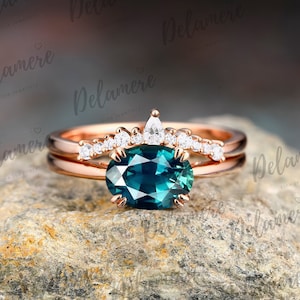 Oval Shape Teal Sapphire Engagement Ring Sets 14K Solid Rose Gold Ring Bridal Set Blue Green Sapphire Wedding Set Ring Anniversary Gifts