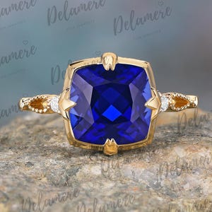 Vintage blue sapphire engagement ring Cushion cut blue gemstone bridal ring Solid yellow gold ring Anniversary wedding ring Promise ring