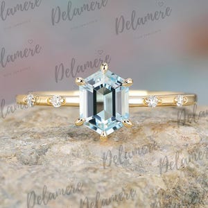 Long hexagon cut Natural Aquamarine engagement ring Solid gold bridal ring Natural diamond wedding ring Vintage Art Deco Anniversary gift
