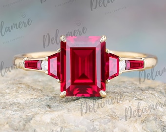 Emerald cut red ruby bridal ring Moissanite solid gold wedding ring July birthstone engagement ring Anniversary gifts Handmade ring for her