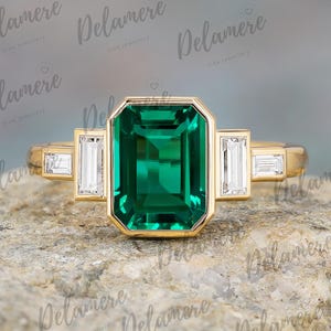 Emerald cut emerald engagement ring Unique May birthstone ring Solid yellow gold ring Moissanite three stones bridal ring Anniversary gifts