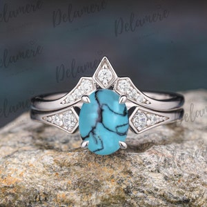 Oval cut natural turquoise ring bridal set Solid gold ring set Statement Ring Bohemian jewelry Anniversary gifts Moissanite cluster ring set