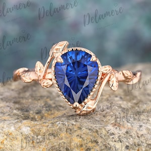 Pear cut firework cut lab grown sapphire engagement ring Nature inspired leaf wedding ring Solid gold bridal ring Solitaire handmade ring