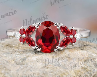 Juli Birthstone Brautring Oval Form roter Rubin Verlobungsring Moissanite massiv Gold Ehering Jahrestag Geschenke für Frauen Versprechen Ring