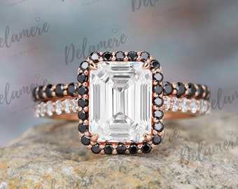 Unieke Emerald Cut Moissanite Engagement Bridal Sets Vintage 14K Rose Gold Wedding Set Zwarte Moissanite Halo Ring Set Verjaardagscadeau