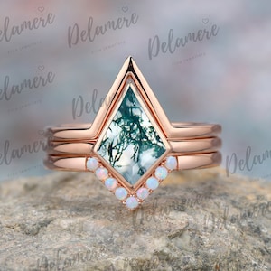 Natürliche Moosachat Verlobungsring Setzt Opal Cluster Ring Verdreifachen Massiv Rose Gold Ring Passende Band Gebogen Jubiläumsband Handgemachter Ring