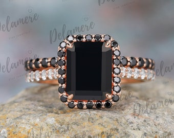 Unique Emerald Cut Black Moissanite Bridal Sets Vintage 14K Rose Gold Wedding Band Black Moissanite Halo Ring Set Anniversary Handmade Ring