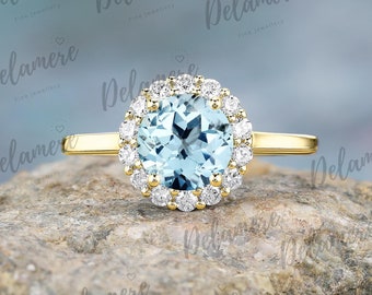 Round Cut Wedding Ring Unique Natural Aquamarine Engagement Ring Halo Ring Moissanite Cluster Bridal Ring Anniversary Gifts Solid Gold Ring