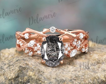 Oval Natural Herkimer Diamond Bridal Sets Vintage Moissanite Cluster Wedding Band Twist Ring Nature Inspired Leaf Ring Sets Anniversary Gift