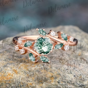 Round Cut Natural Moss Agate Rose Gold Engagement Ring Unique Nature Inspired Leaf Twig Ring Moissanite Cluster Rings for Women Promise Ring