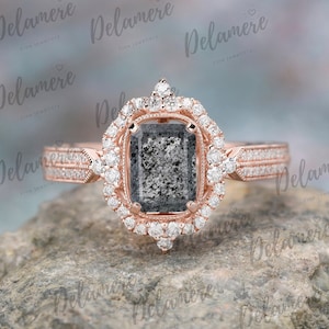 Unique Emerald Cut Natural Herkimer Diamond Engagement Ring Art Deco Moissanite Halo Ring Gold Salt Pepper Diamond Ring Anniversary Gifts