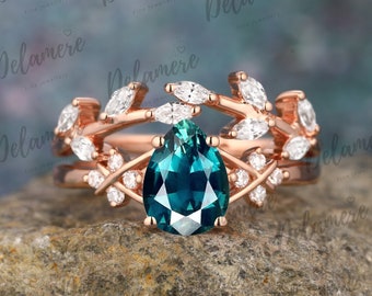 Teardrop Shape Teal Sapphire Bridal Sets Solid Rose Gold Engagement Ring Sets Nature Inspired Leaf Wedding Band Moissanite Cluster Ring