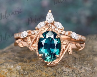 Oval Shape Teal Sapphire Engagement Ring Set Moissanite Cluster Wedding Band Nature Inspired Leaf Ring Solid Rose Gold Ring Anniversary Gift