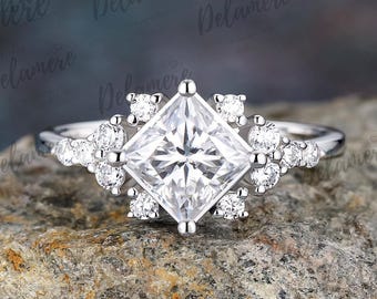 IGI Certified 1.5CT 14K Gold Promise Ring, Princess Cut Lab Grown Diamond Engagement Ring, Diamond Cluster Ring, Wedding Gifts For Women