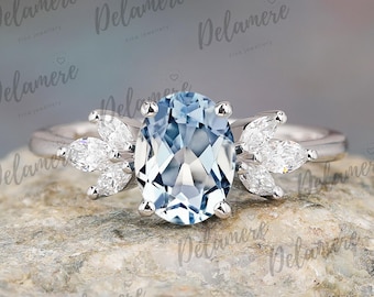 Natural Aquamarine engagement ring Oval shape blue gemstone solid gold ring Lab grown diamond wedding ring Anniversary handmade ring for her